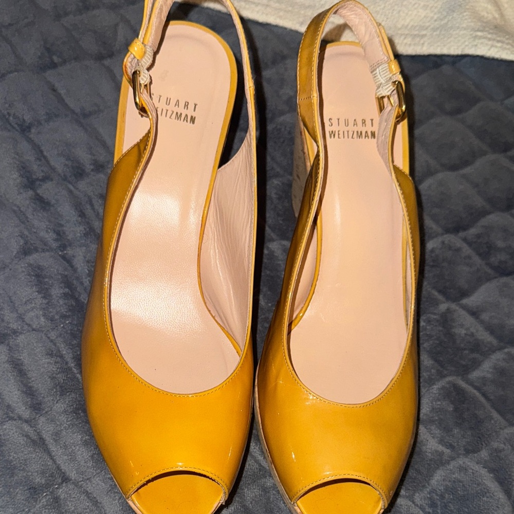 Stuart Weitzman patent leather Mustard Peep-Toe Slingback wedges